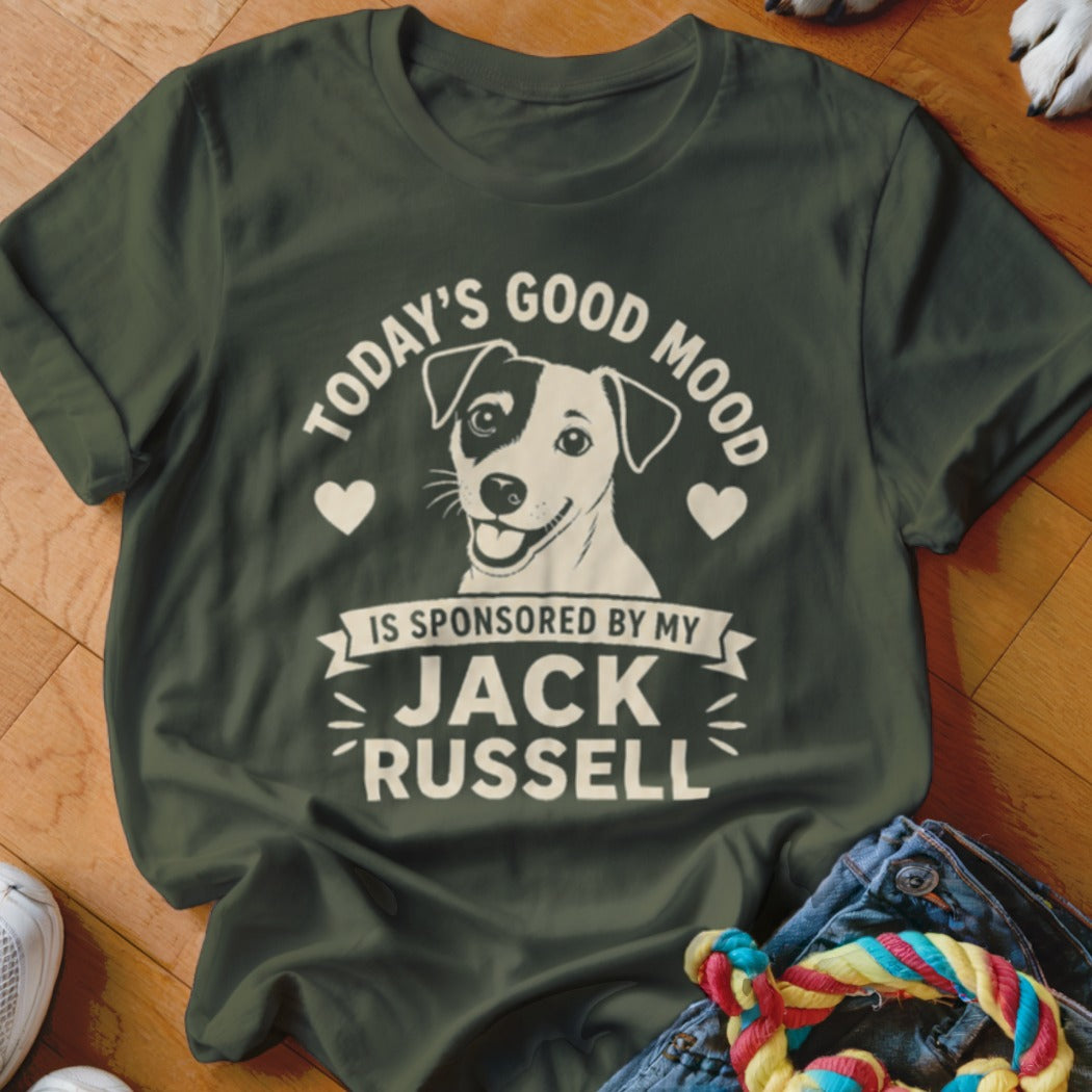 Dark green t-shirt with white text and Jack Russell illustration: "Today's Good Mood Is Sponsored By My Jack Russell."