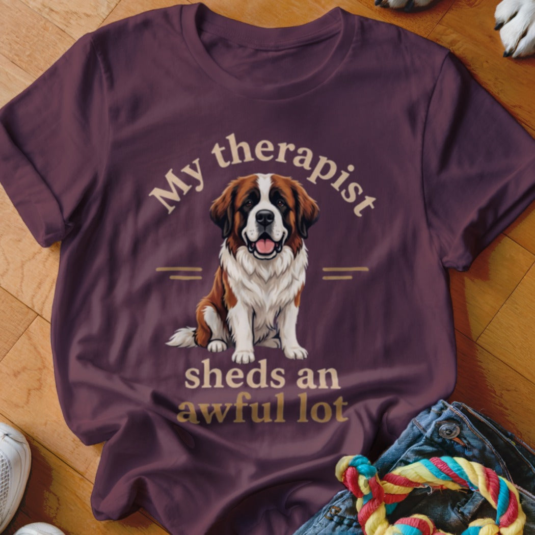 T-shirt with Saint Bernard illustration and text "My therapist sheds an awful lot".