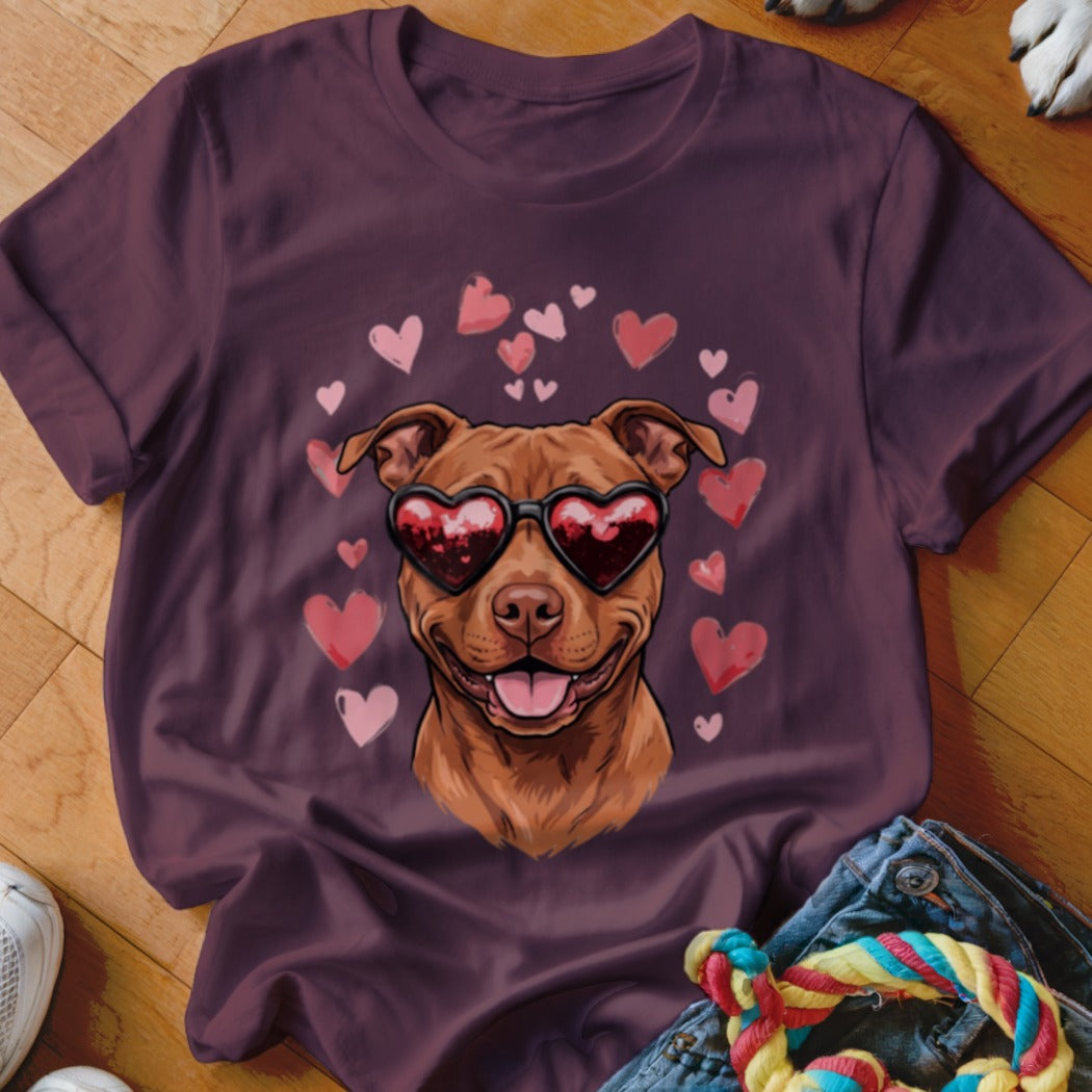 Maroon crewneck t-shirt featuring a cartoon illustration of a brown dog wearing heart-shaped sunglasses surrounded by pink hearts.