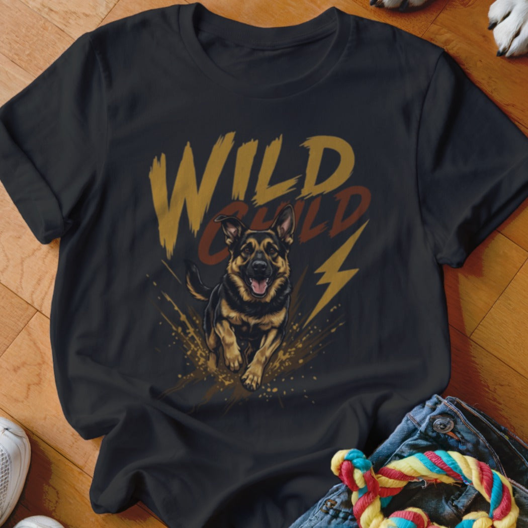 A black t-shirt features a graphic of a German Shepherd running with the text WILD CHILD.