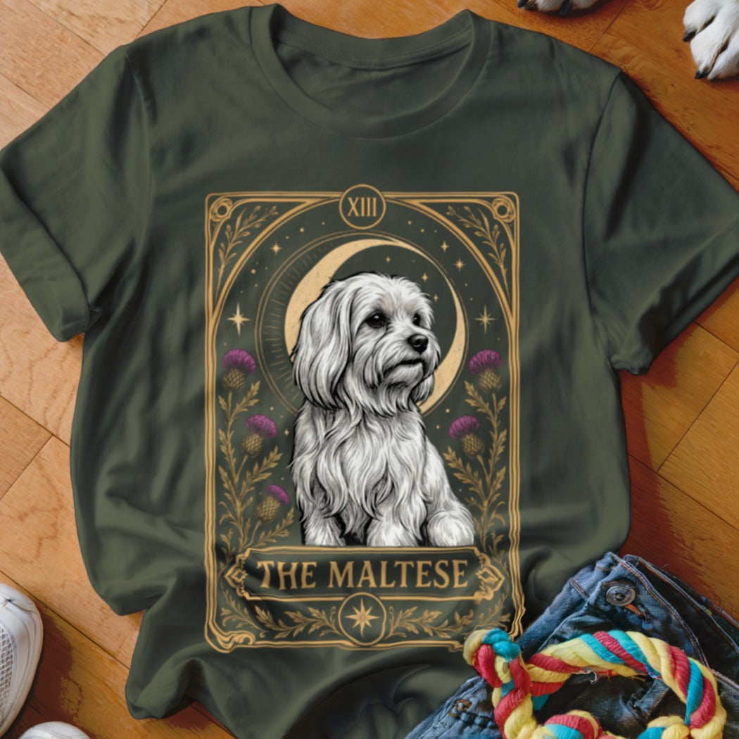 Dark green t-shirt featuring a tarot card graphic with a white Maltese dog and purple flowers.