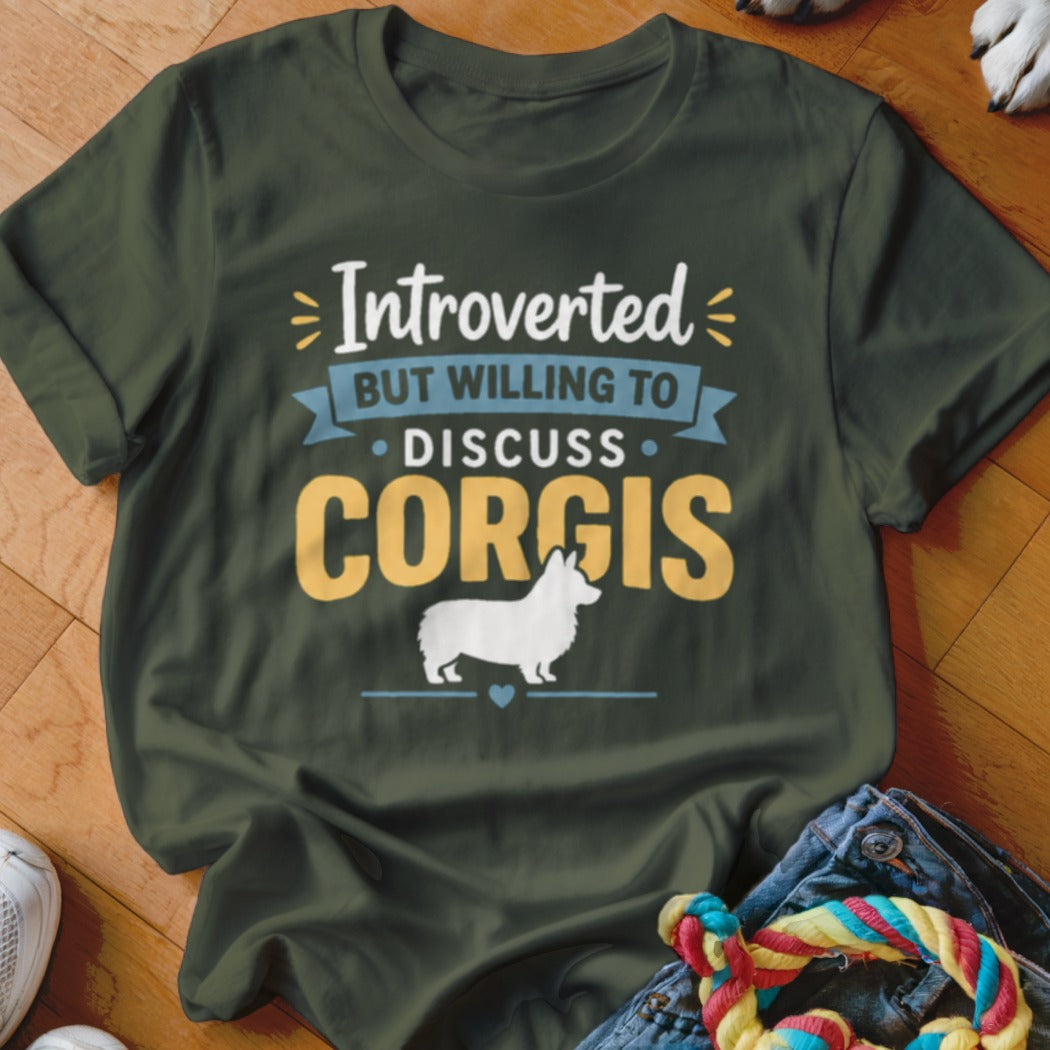 Dark green t-shirt with text "Introverted but willing to discuss corgis" and a corgi silhouette.