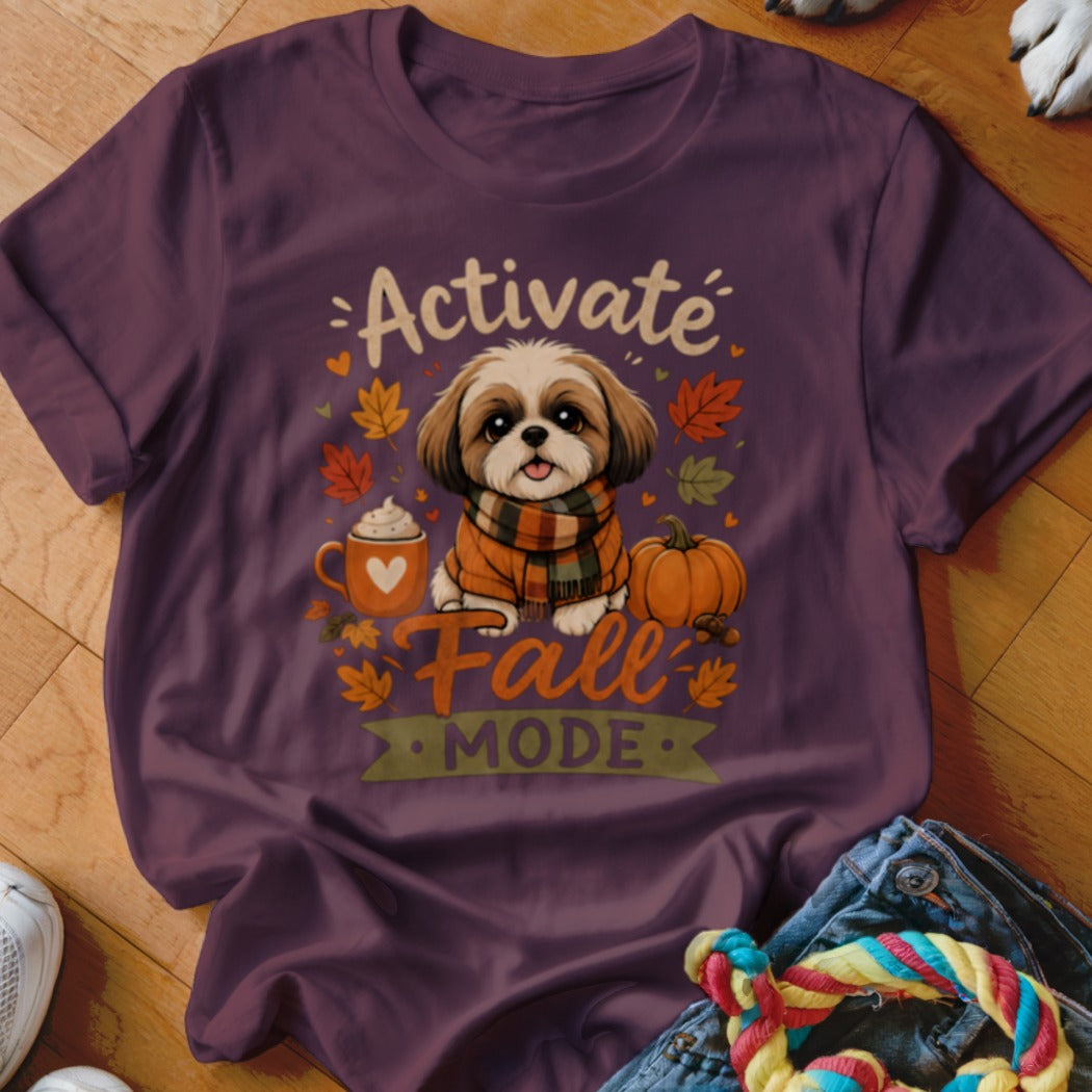 Shih Tzu dog wearing sweater and scarf with pumpkin, coffee, and "Activate Fall Mode" text.