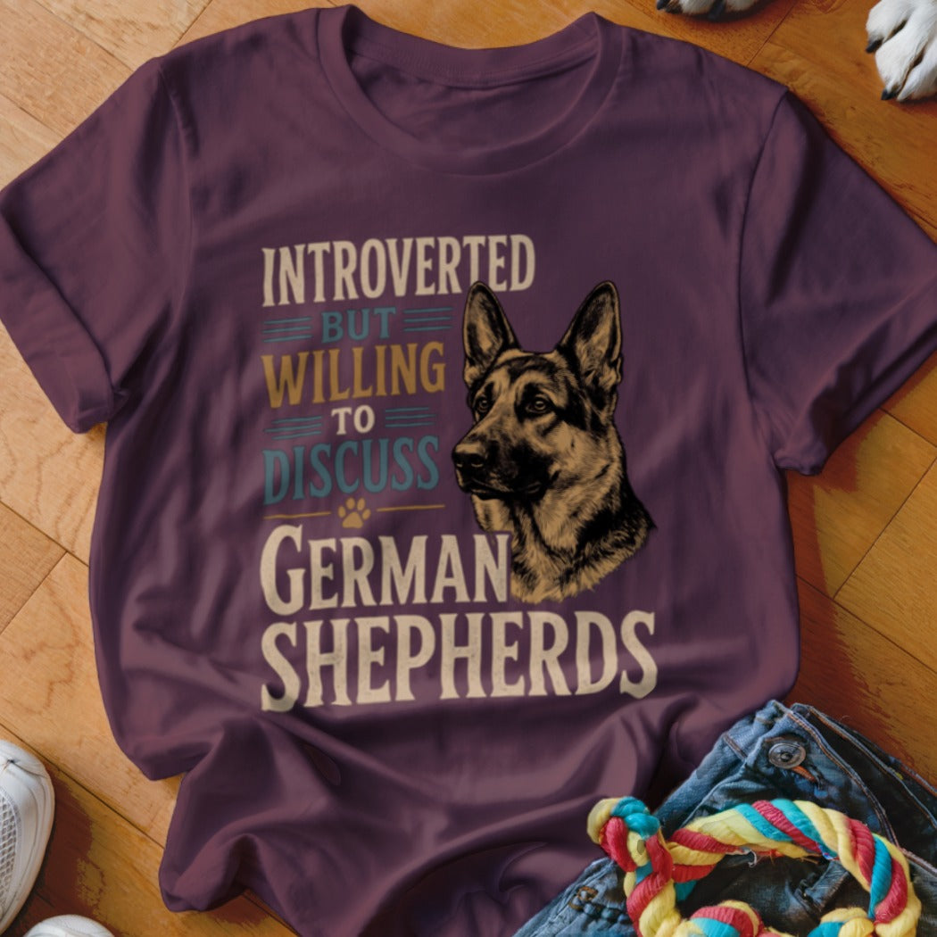 T-shirt with German Shepherd illustration and text "Introverted but willing to discuss German Shepherds".