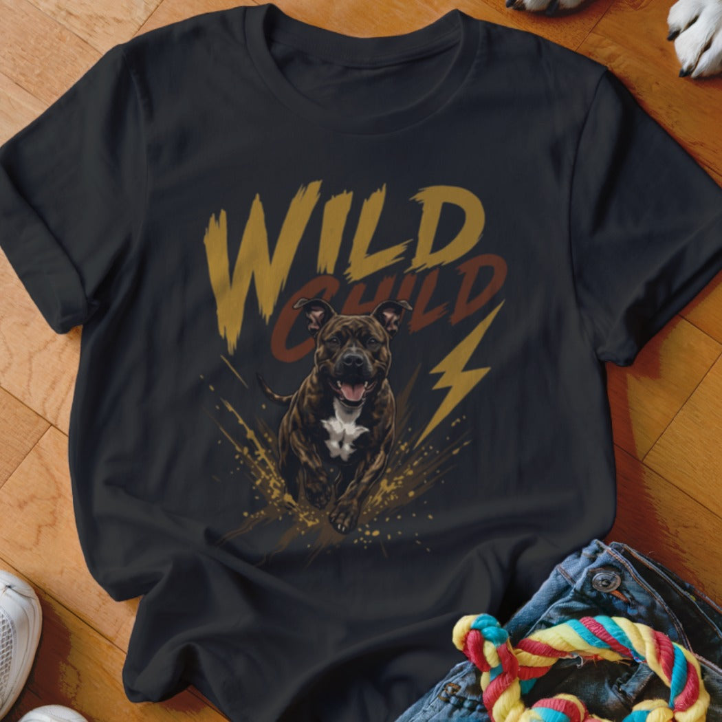 A black t-shirt featuring a graphic of a brindle pit bull running with the text Wild Child.