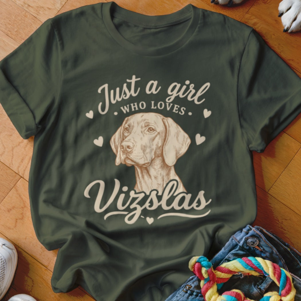 Dark green t-shirt with a vintage illustration of a Vizsla dog, surrounded by hearts and text.