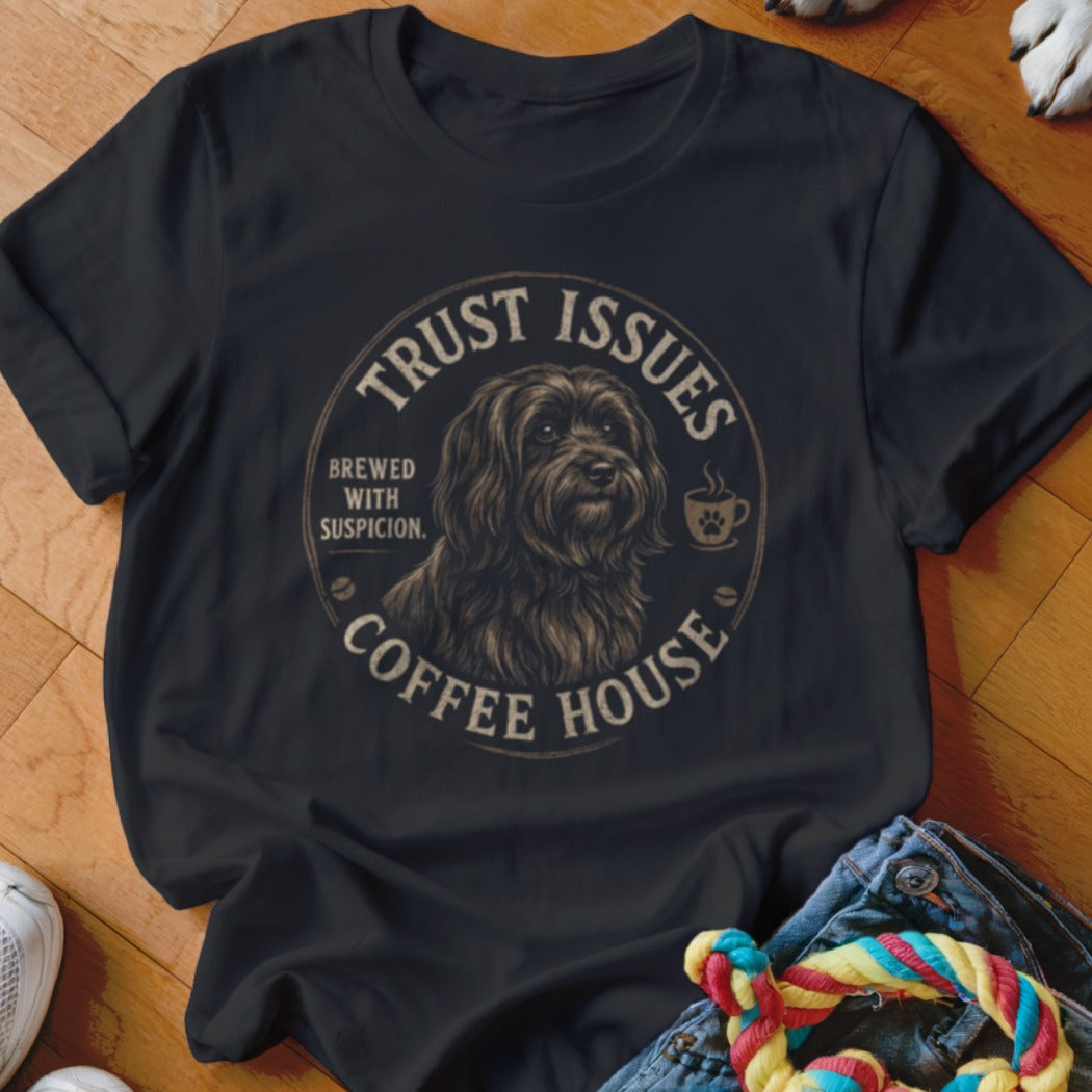Black t-shirt with "Trust Issues Coffee House" and a shaggy dog graphic.