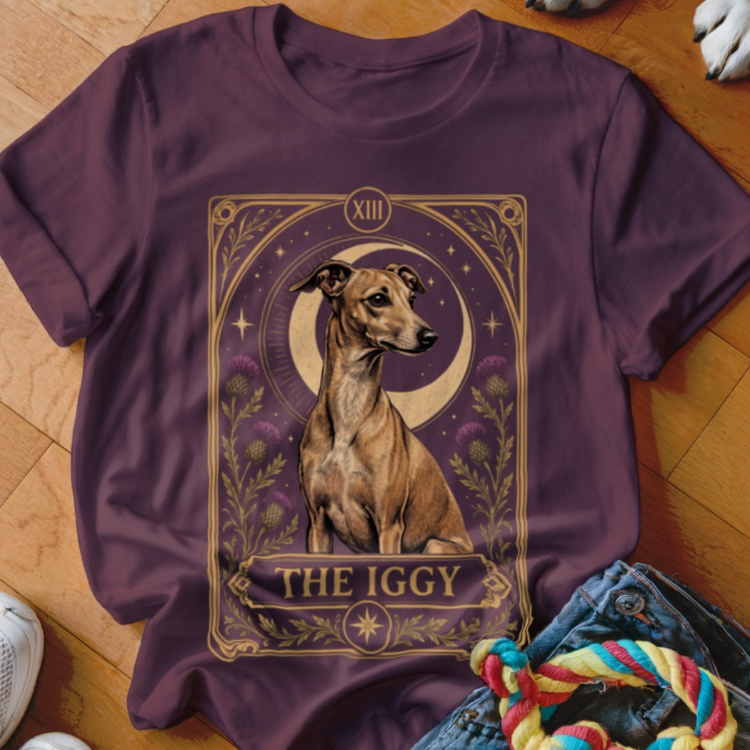 Maroon t-shirt featuring a tarot card graphic of an Italian Greyhound with the text The Iggy.