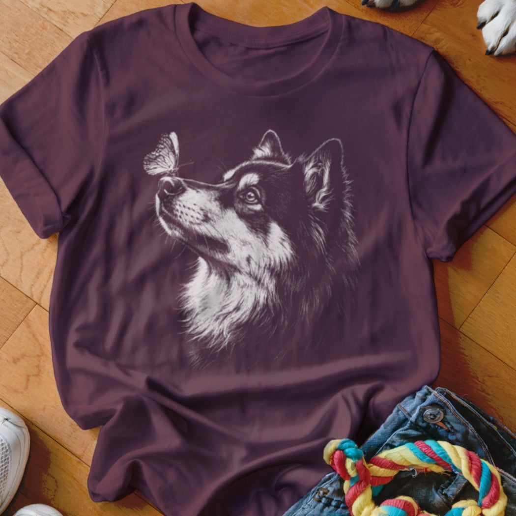 Plum crewneck t-shirt featuring a white sketch of a dog looking at a butterfly.