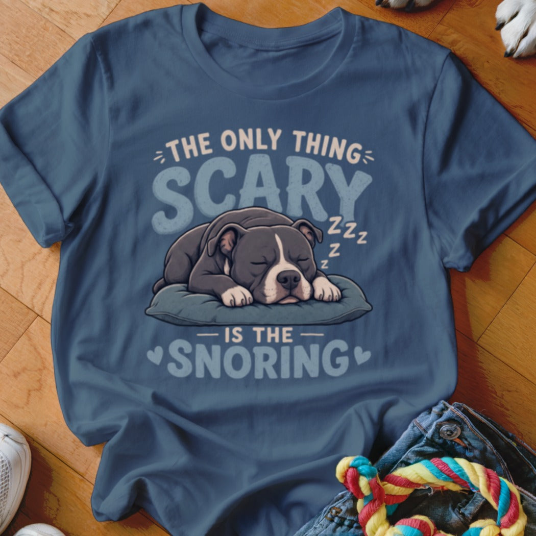 Blue t-shirt with sleeping pitbull and text "The only thing scary is the snoring."