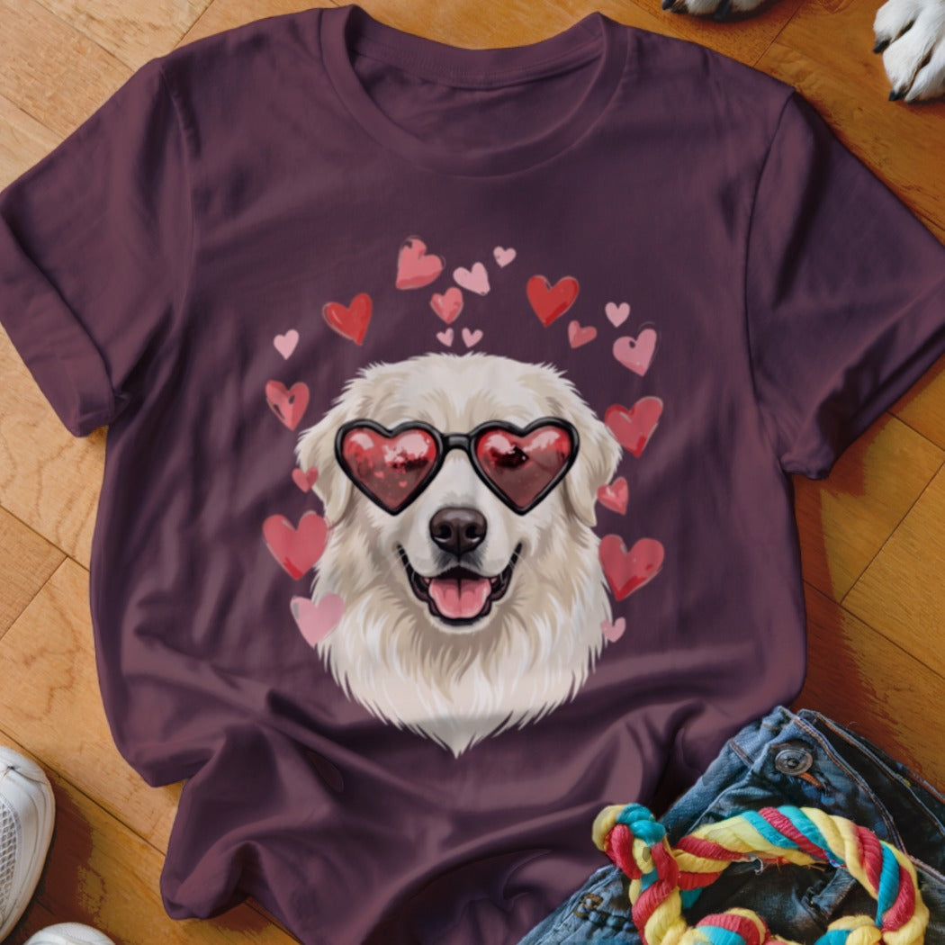 Maroon short-sleeved t-shirt featuring a graphic of a white dog wearing heart-shaped sunglasses surrounded by floating pink hearts.