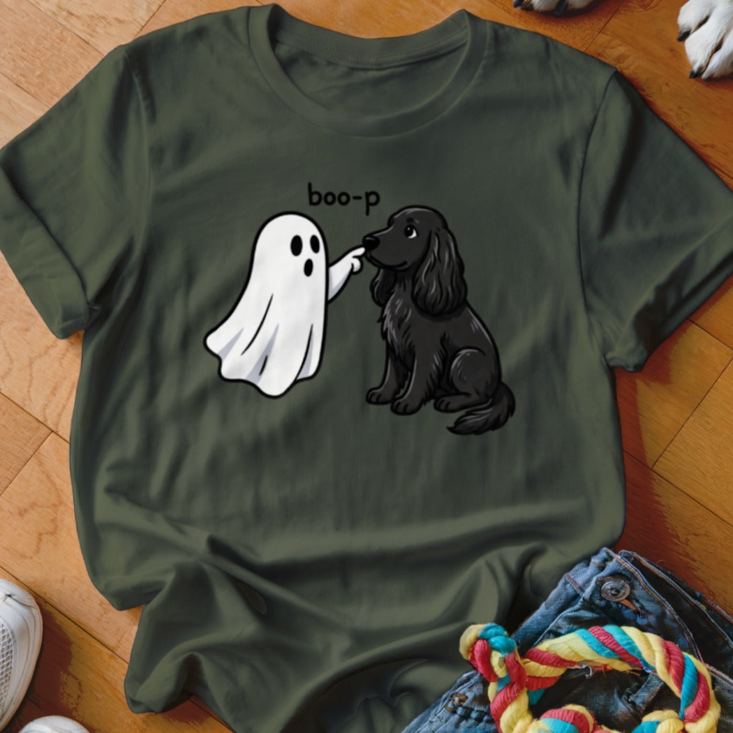 Ghost booping black dog's nose with "boo-p" text above