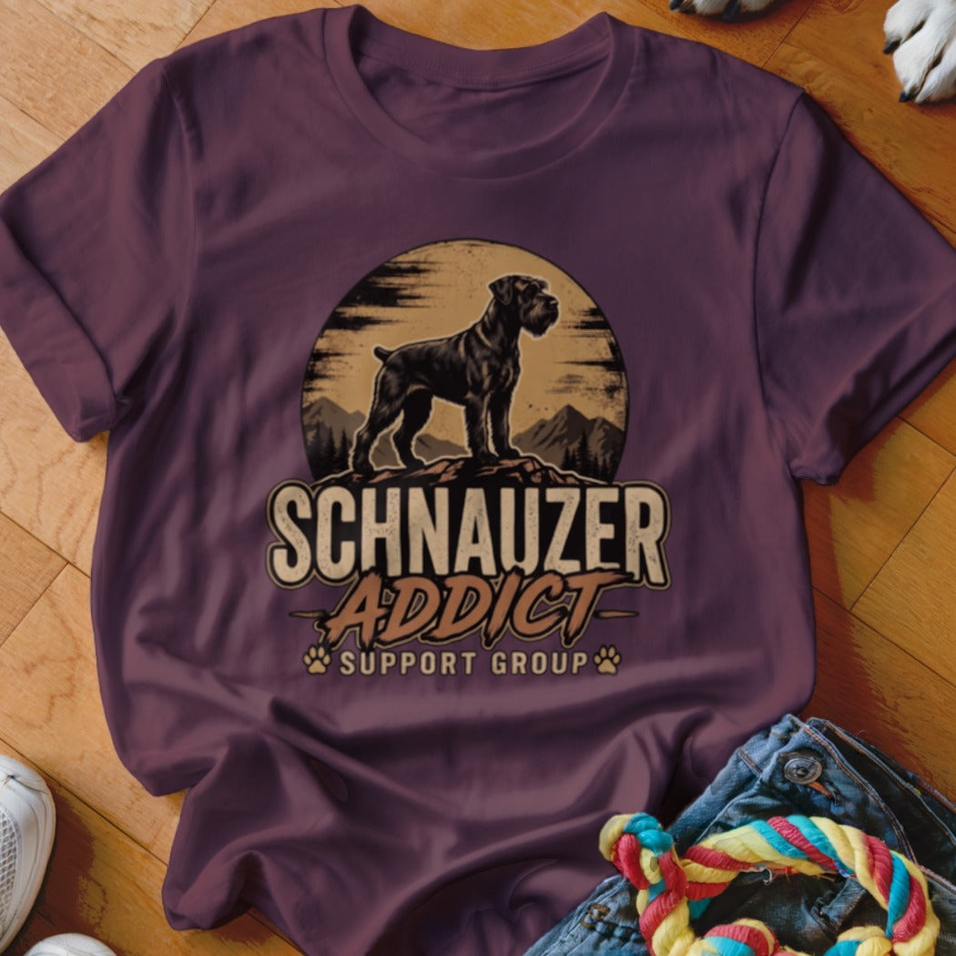 Maroon t-shirt with a graphic of a Schnauzer and text that reads Schnauzer Addict Support Group.