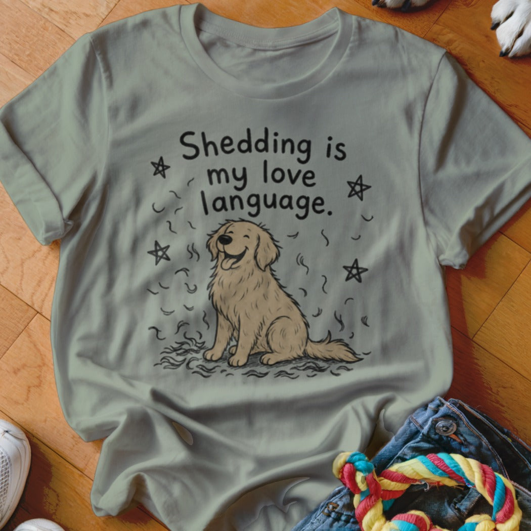 T-shirt with cartoon golden retriever and text "Shedding is my love language".