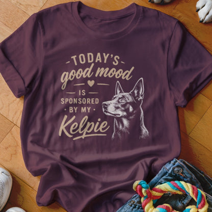 Maroon t-shirt with text "Today's good mood is sponsored by my Kelpie" and dog drawing.