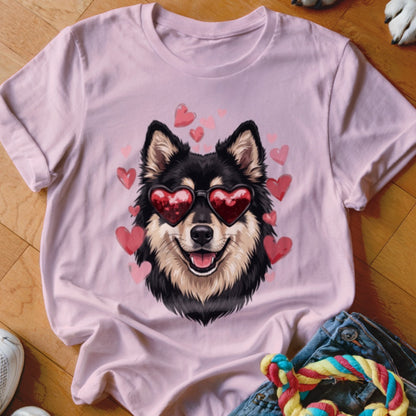 Light pink t-shirt featuring a graphic of a black and tan dog wearing heart-shaped sunglasses, surrounded by pink hearts.