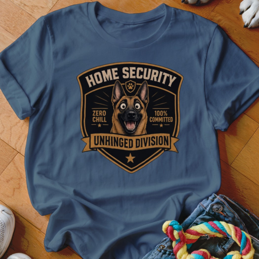 Blue t-shirt with "Home Security Unhinged Division" text and German Shepherd graphic.