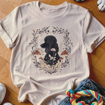 Beige crewneck t-shirt featuring a vintage illustration of a black poodle surrounded by mushrooms and foliage.