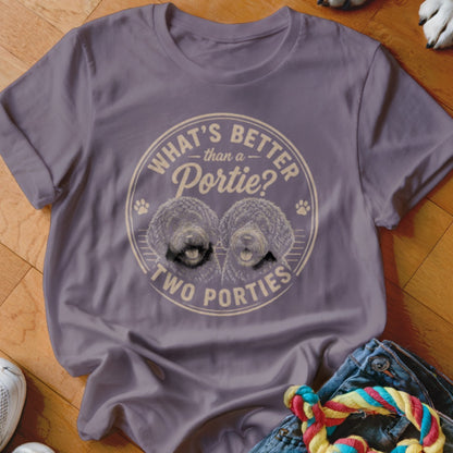 Purple t-shirt with text "What's better than a Portie? Two Porties" and two dogs.