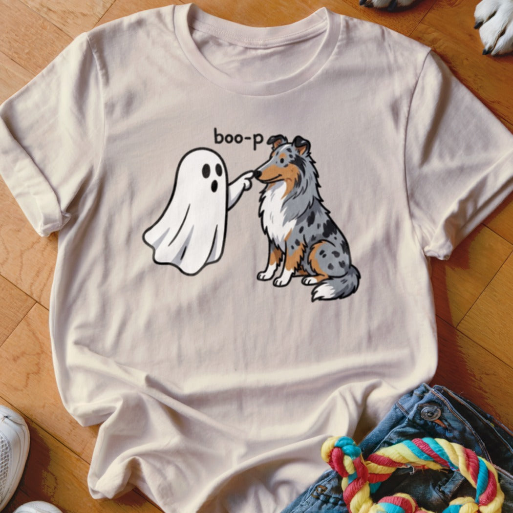 T-shirt graphic of a ghost booping a blue merle Australian Shepherd, text reads "boo-p".