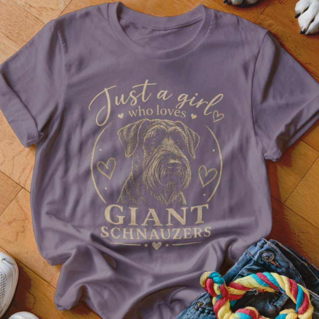 Muted purple crewneck t-shirt featuring a sketched Giant Schnauzer graphic and the text Just a girl who loves Giant Schnauzers.
