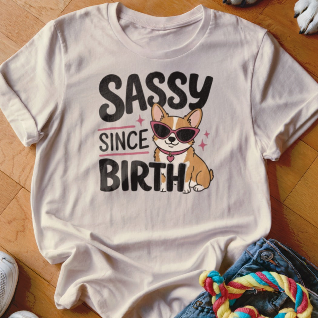 White t-shirt with "Sassy Since Birth" text and a corgi wearing sunglasses.