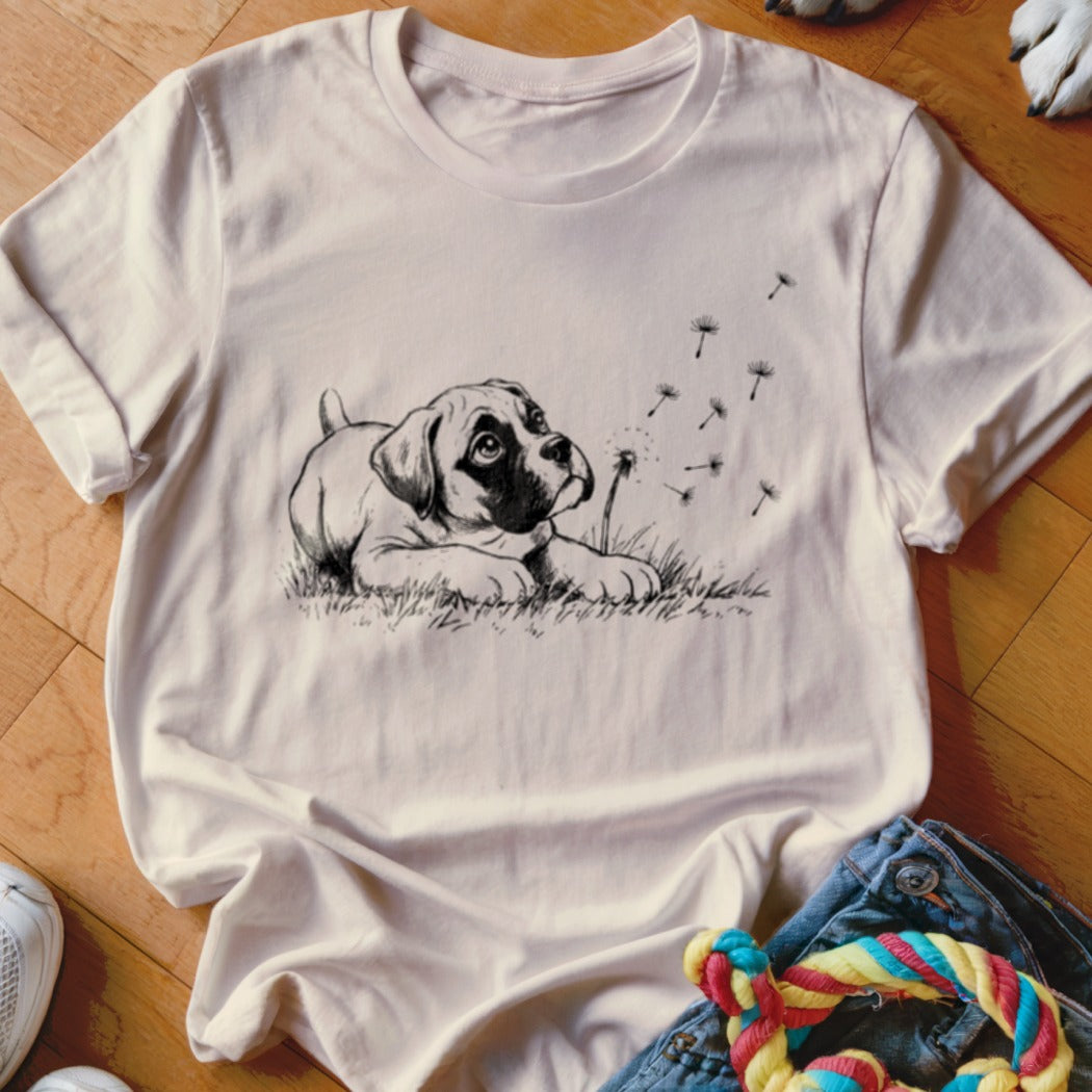 A cream-colored t-shirt with a black line drawing of a puppy looking at dandelion seeds.