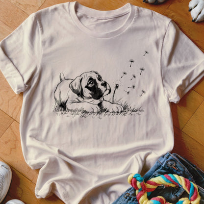 A cream-colored t-shirt with a black line drawing of a puppy looking at dandelion seeds.