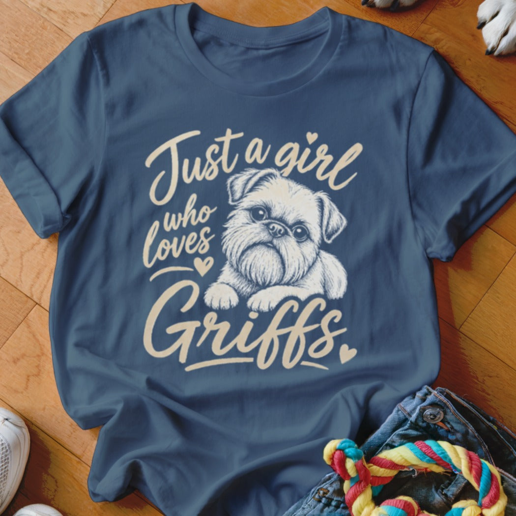 Blue t-shirt with "Just a girl who loves Griffs" text and a cartoon Brussels Griffon.
