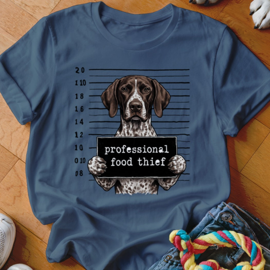 German Shorthaired Pointer mugshot with "professional food thief" sign.