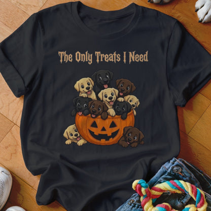 Black t-shirt with cartoon puppies in a pumpkin and text "The Only Treats I Need".