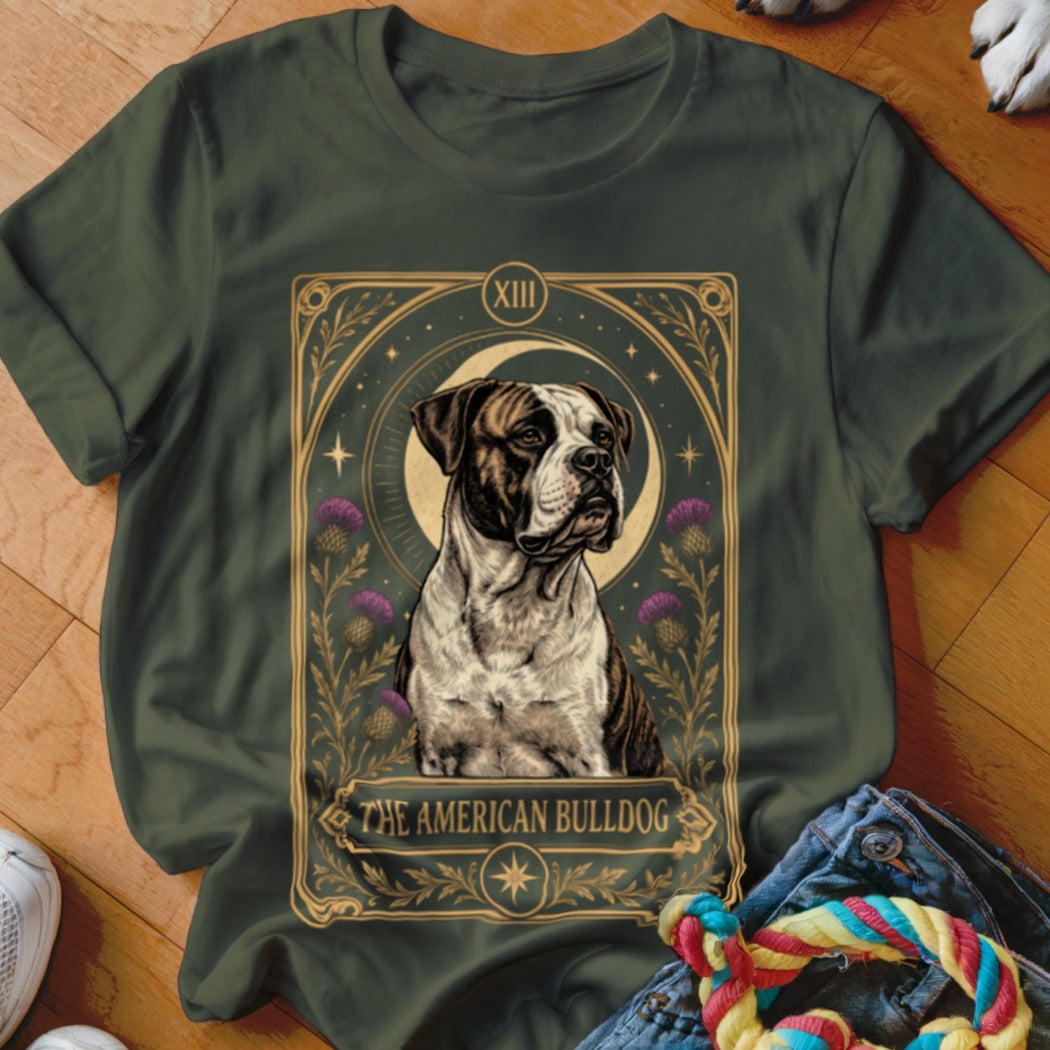 Dark green t-shirt featuring an ornate tarot card graphic of an American Bulldog with purple thistles.