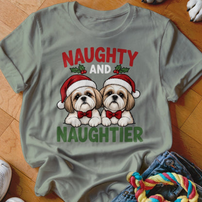 Two shih tzus in Santa hats with red bow ties, with "NAUGHTY AND NAUGHTIER" text.