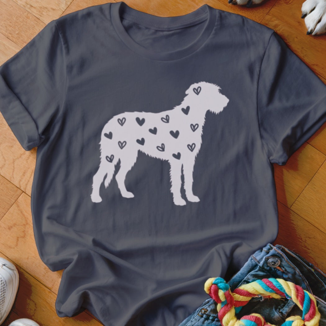 Dark grey t-shirt with a white silhouette of a shaggy dog covered in small black hearts.