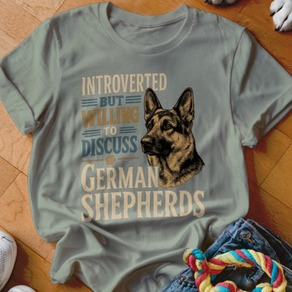 German Shepherd graphic with text "Introverted but willing to discuss German Shepherds".