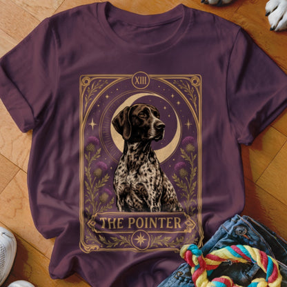 A purple t-shirt featuring a tarot card style graphic of a German Shorthaired Pointer labeled The Pointer.