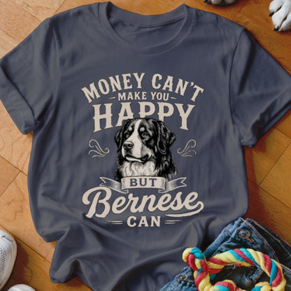 Dark t-shirt with Bernese Mountain Dog graphic and "Money Can't Make You Happy But Bernese Can" text.