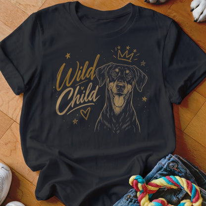 Black t-shirt with a dog wearing a crown and "Wild Child" text.