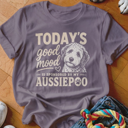 Purple t-shirt with "Today's good mood is sponsored by my Aussiedoodle" text and dog illustration.