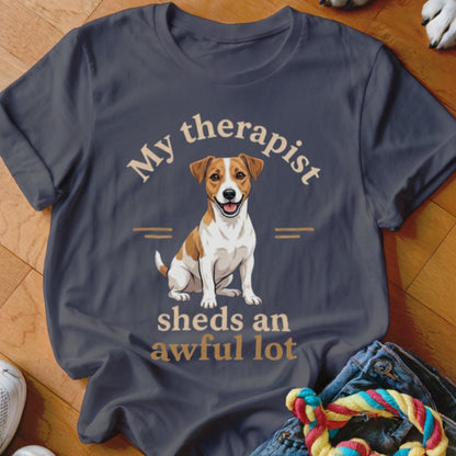 Dark grey t-shirt with a sitting Jack Russell Terrier and text "My therapist sheds an awful lot".