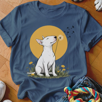 A dark blue t-shirt featuring an illustration of a white bull terrier blowing a dandelion.