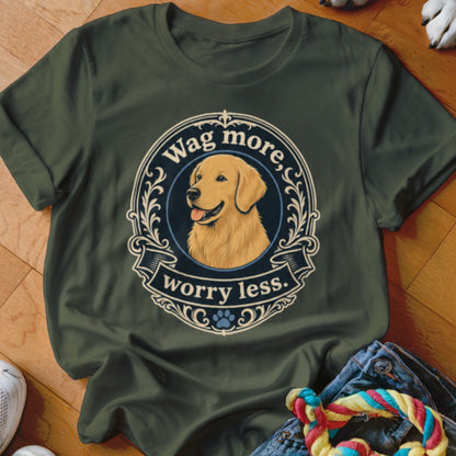 Green t-shirt with a Golden Retriever graphic and text "Wag more, worry less."