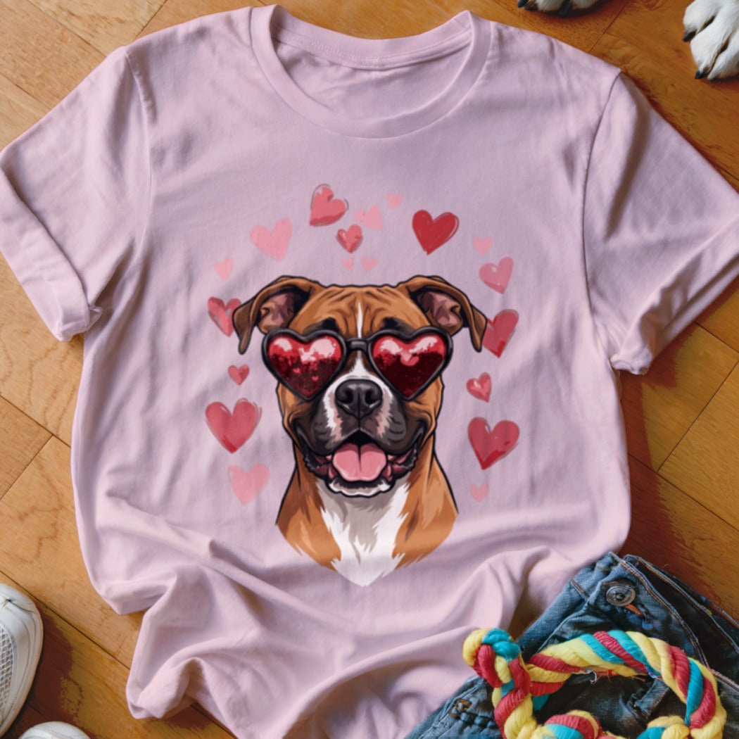 Light pink t-shirt featuring a boxer dog wearing heart sunglasses surrounded by red hearts.