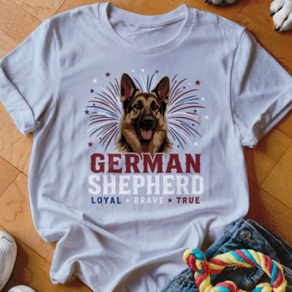 German Shepherd loyal brave true graphic t-shirt with stars and stripes.