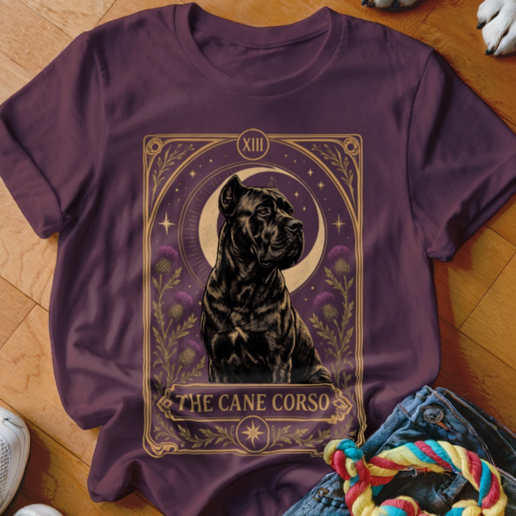 Dark purple crewneck t-shirt featuring a tarot card graphic of a Cane Corso dog.
