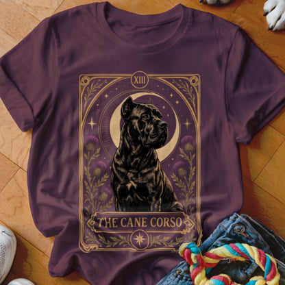 Dark purple crewneck t-shirt featuring a tarot card graphic of a Cane Corso dog.