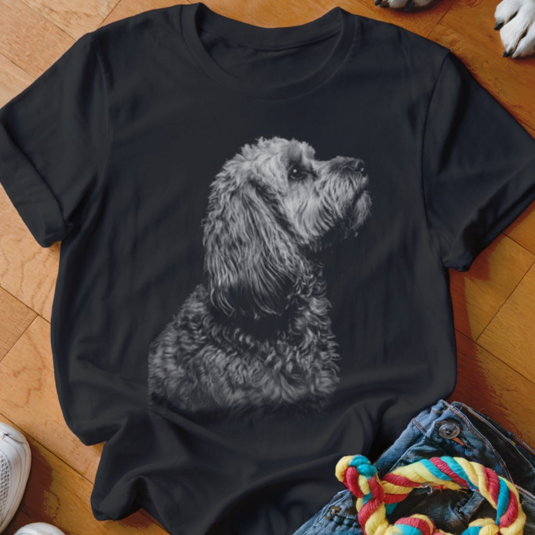 Black t-shirt with a grayscale print of a cockapoo looking up and to the right.