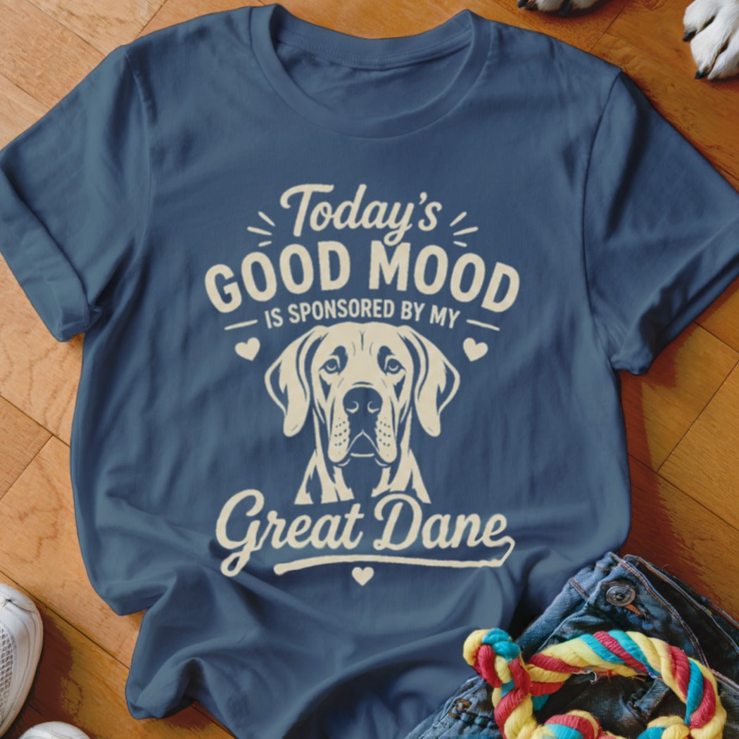 Navy t-shirt with "Today's Good Mood is Sponsored by My Great Dane" and dog graphic.