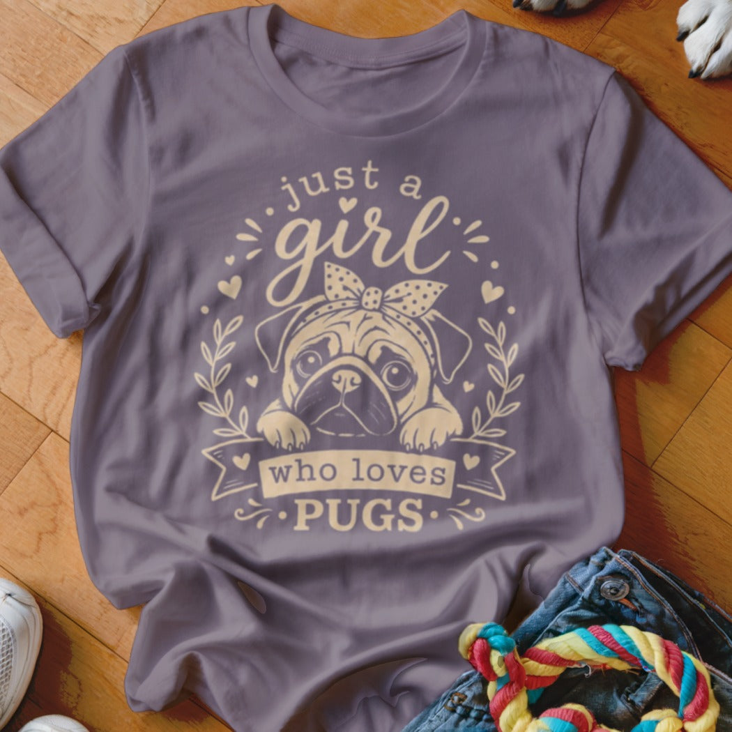 Purple t-shirt with a pug graphic and text: "just a girl who loves pugs."