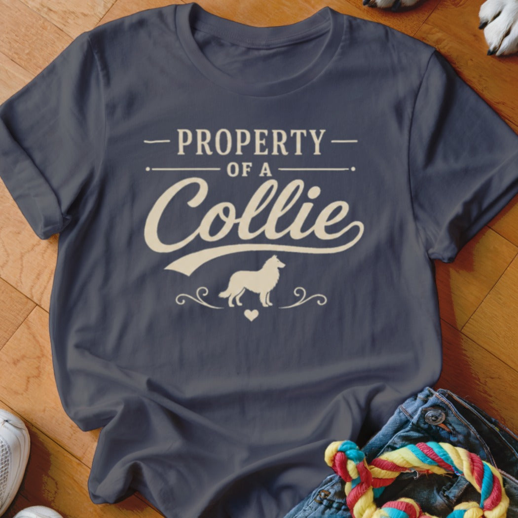 Dark blue t-shirt with "Property of a Collie" text and a silhouette of a collie.